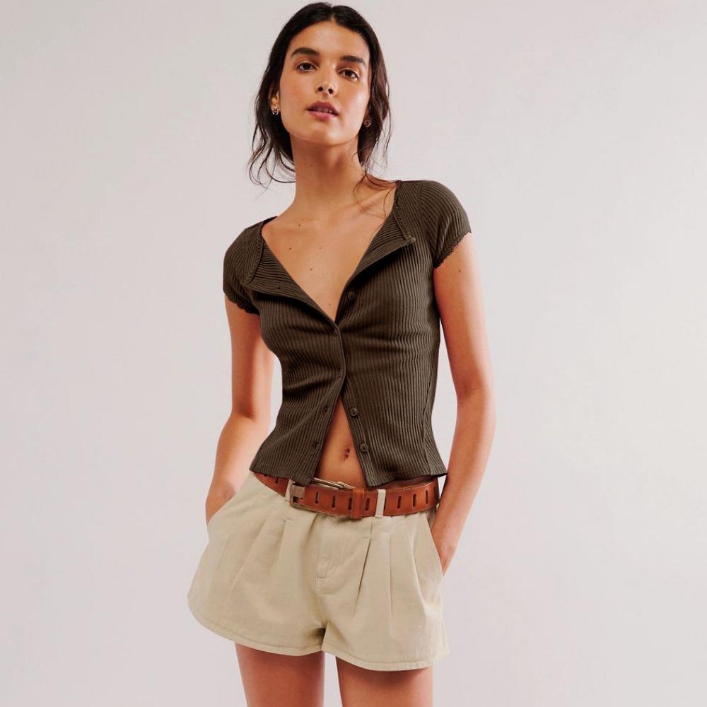 

Женская летняя сексуальная кардиган-кнопка Hottie с коротким рукавом, модная однотонная футболка XL кофейный