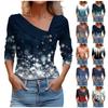 Women's Casual Fashion Printing Long Sleeve Lapel V Neck Button Pullover Top