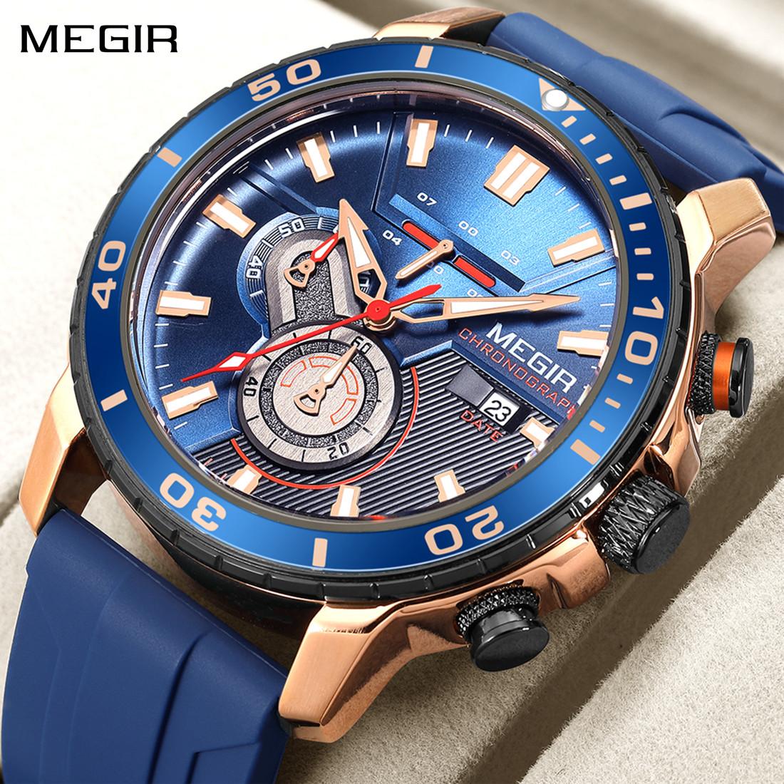 Megir Men's Green Chronograph Fashion Quartz Sport Watch Waterproof Calendar Wristwatch Clock Silicone Strap Relogio Masculino 2224