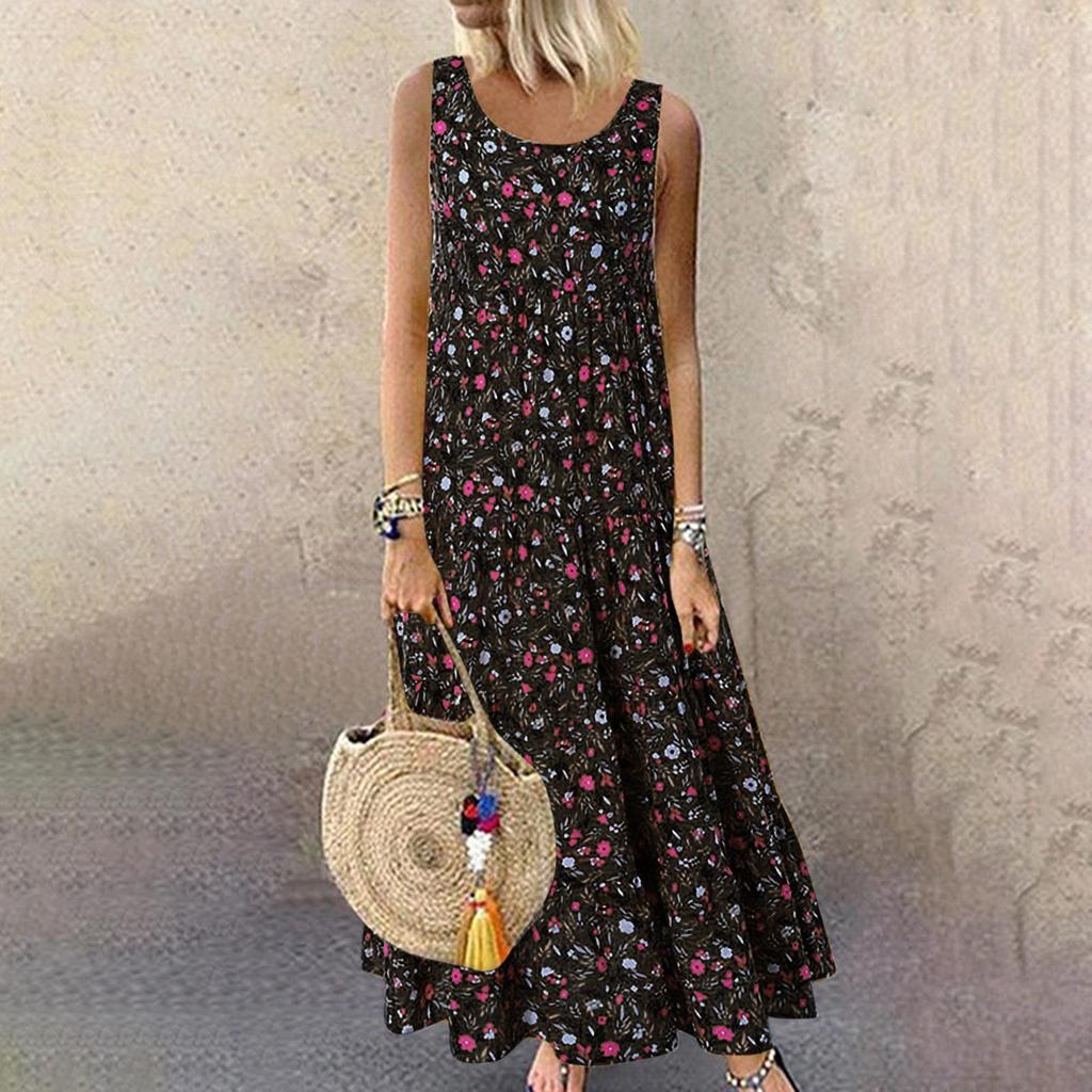 Women's Vest Dresses Summer Spring Pleated Bohemian Dresses Cute Sleeveless Flowing Beach Straight T-Shirt Tank Dresses Round Neck Dresses