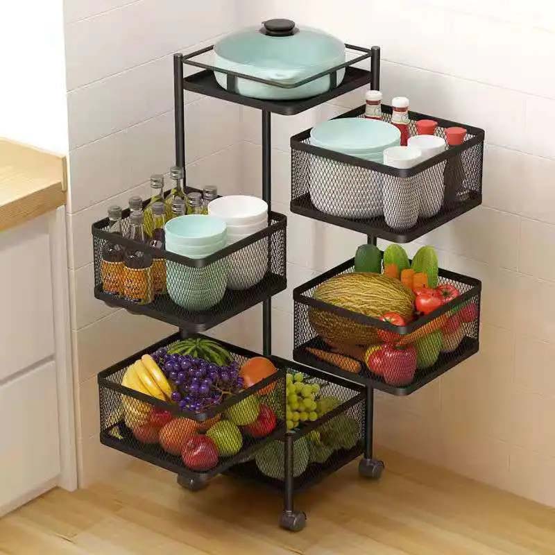 Küchen-Gemüseregal, mehrschichtig, bodenstehend, quadratisch, drehbar, Lebensmittelaufbewahrung, Regal, Korb, Obst, Abfluss, Spüle mit Rad, Küche, Badezimmer, Organizer