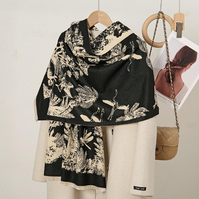 Autumn and winter leaf print imitation cashmere scarf female literary and fresh student commuting thickened warm shawl