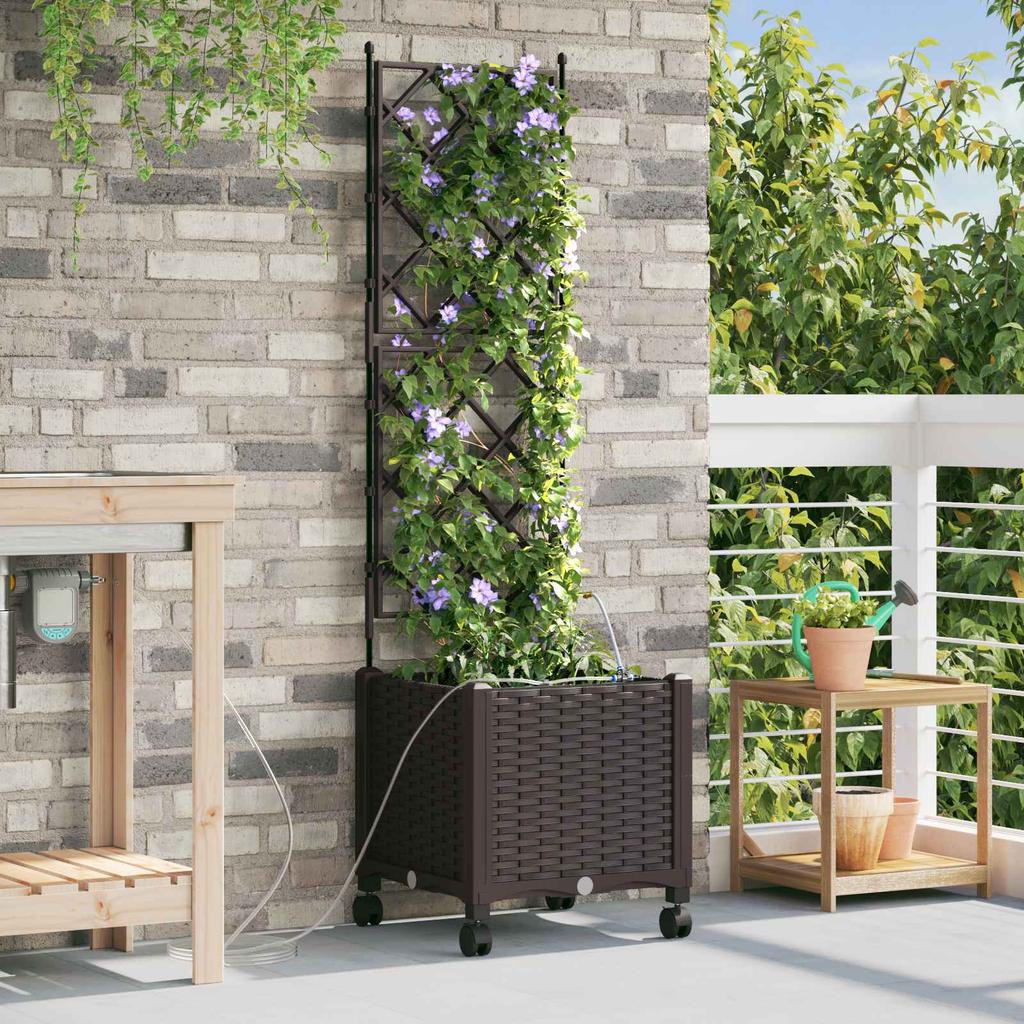 Garden Flower Pot with Irrigation and Wheels Brown PP