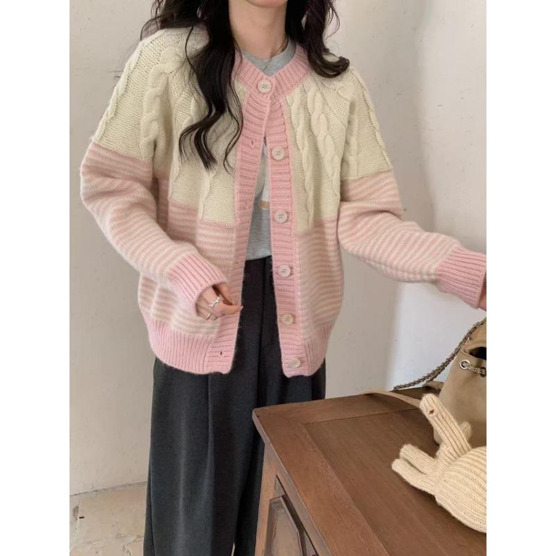 

Vintage striped knitted cardigan women s clothing autumn and winter new round neck loose casual lazy wind sweater jacket women One size