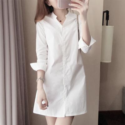 Korean Style Spring and Autumn V-neck Shirt Women's Fashion Slim Mid-length Long-sleeved Shirt Top