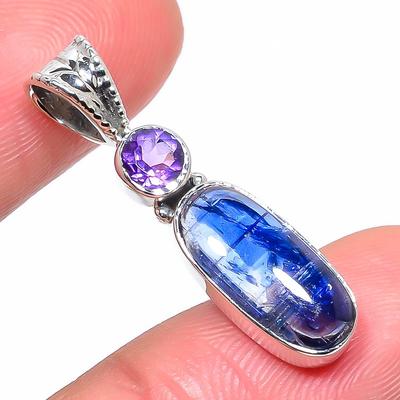 Natural Kyanite, Amethyst Gemstone 925 Solid Sterling Silver Pendant 1.22" F0Z41
