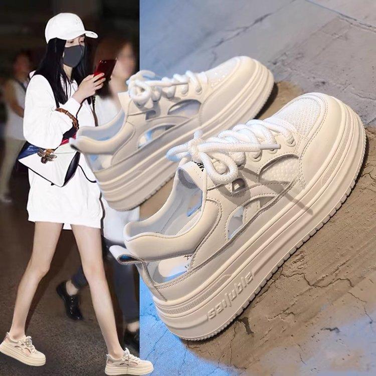 Thick-soled Hollow White Shoes Women's Summer 2025 New Lace-up Breathable Sports Sandals Versatile Casual Hole Shoes