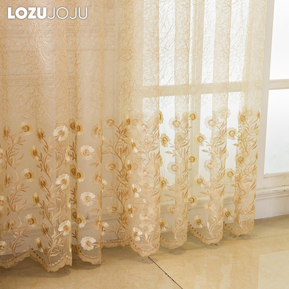 1 Stück LOZUJOJU Ländliche Blumenstickerei Transparente Vorhänge, Wellen-Spitzen-Netz-Fenstervorhänge für Wohnzimmer Schlafzimmer Balkonfenster Heimdekoration