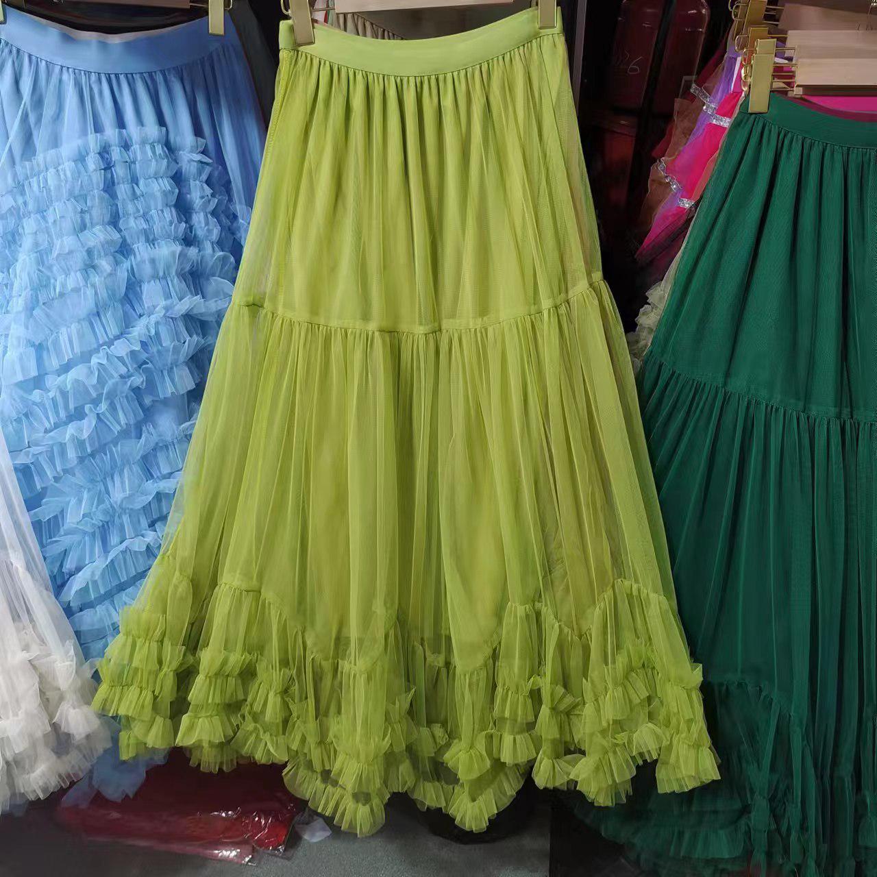 

Европейская и американская летняя мода 2024 года: Женская кружевная сетчатая пышная юбка с большим размахом One Size трава зеленый