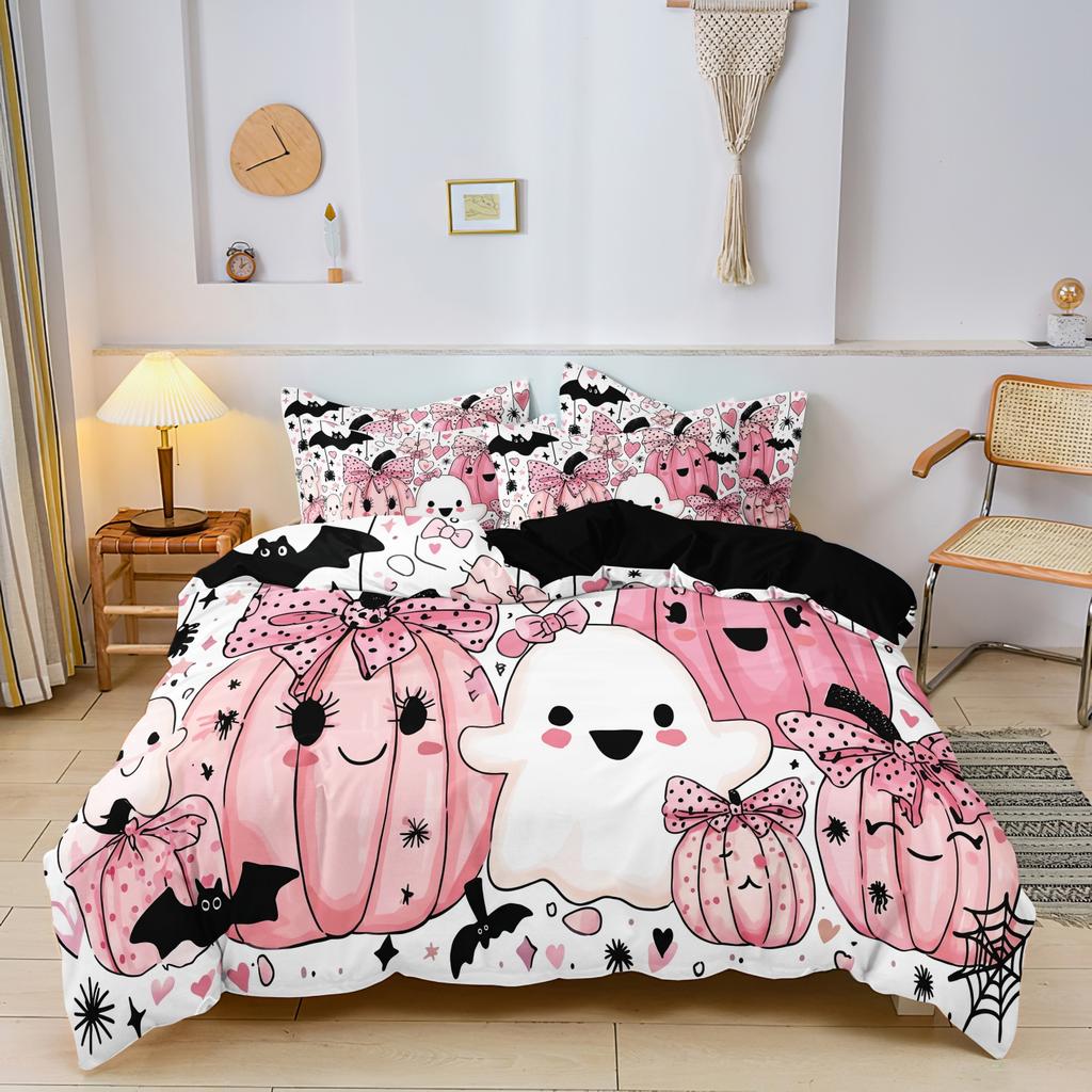 3Pcs Coquette Pink Bow Pumpkin Ghost Print Duvet Cover Set, Polka Dot Bow Pumpkin Bat Spider Web Ghost Print Halloween Bedding