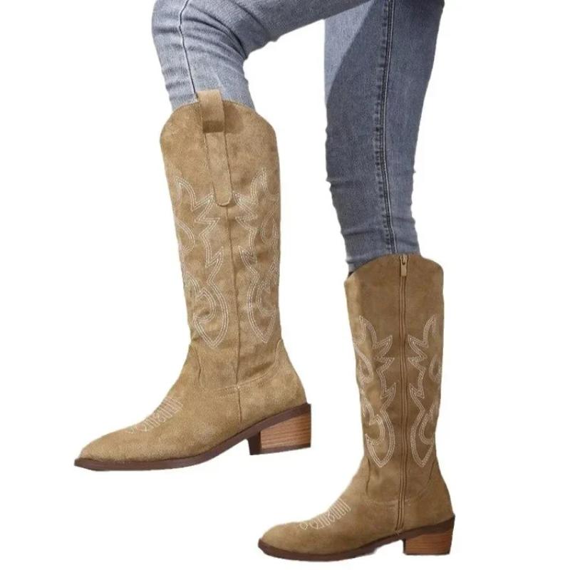 Spring and Autumn Winter New Coarse Heel Look Thin Tall Long Boots Not Over Knee Embroidered Retro Western Cowboy Boots