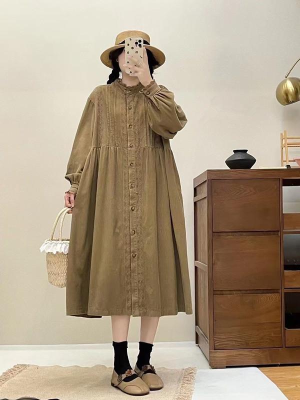 

Платье Johnature из вельвета с воротником-стойкой и грибной отделкой, весеннее, с плиссировкой «гармошка», свободное, универсальное, женское One Size хаки