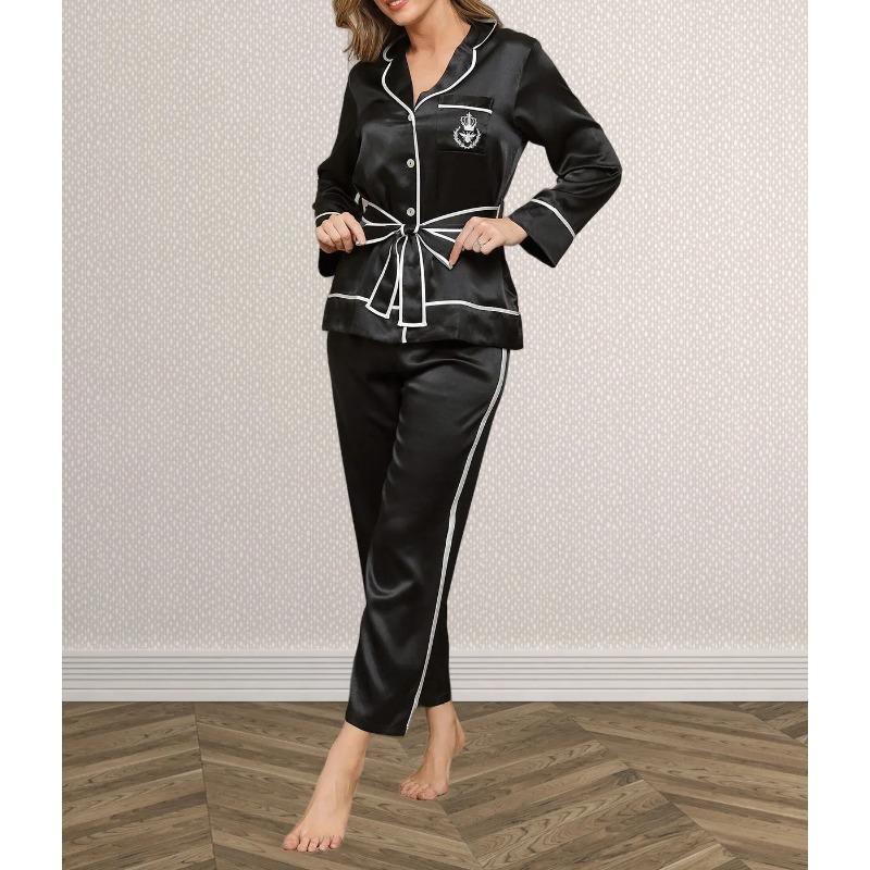 Mullbärssiden Dam Nattlinne Pyjamas Ficka Långärmad Dam Vardagsnattlinne Byxor 2 Delar Sidensbälte Dam Sovkläder