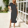 Completo Due Pezzi Moda Donna Scollo a V Manica Corta a Righe con Gonna a Vita Elastica Spaccata