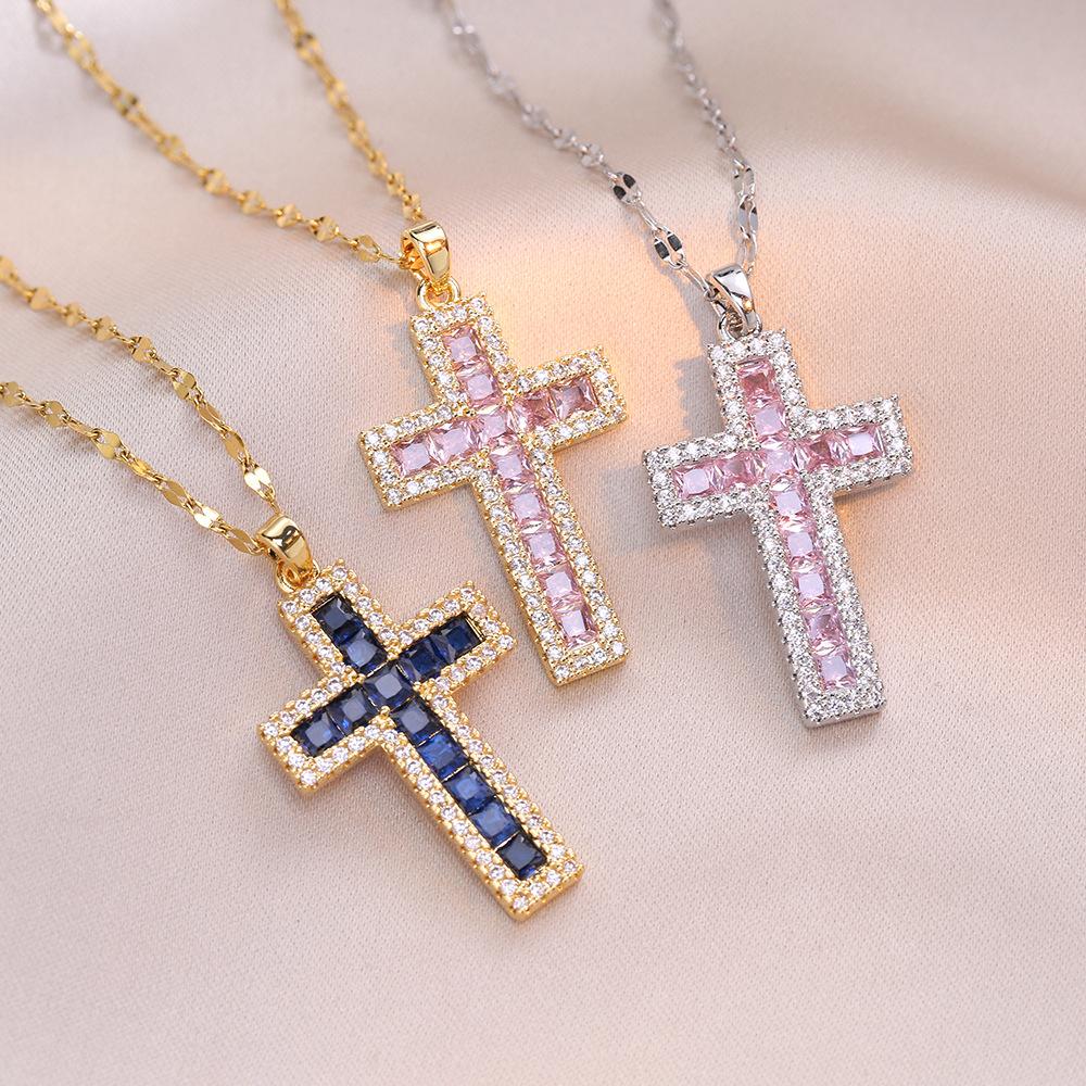 Luxus Damen Blau Rosa Zirkonstein Kreuz Anhänger Halskette Vintage Goldfarbe Hochzeits Schmuck Für Frauen