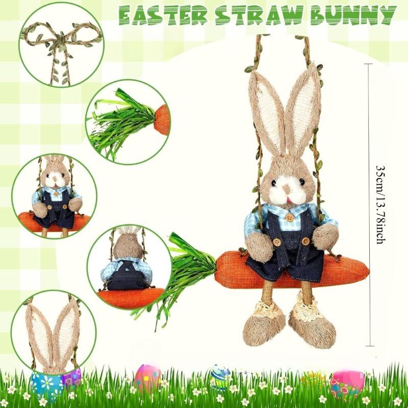 Figurina da appendere coniglio pasquale da 13,8 pollici, altalena carota, coniglio in paglia intrecciata, decorazione primaverile per casa, interni ed esterni
