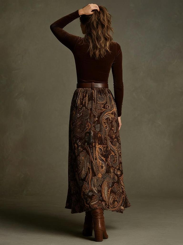 2026 Spring/Autumn Retro Slim-fit Top & Large-Hem Skirt Set with Belt