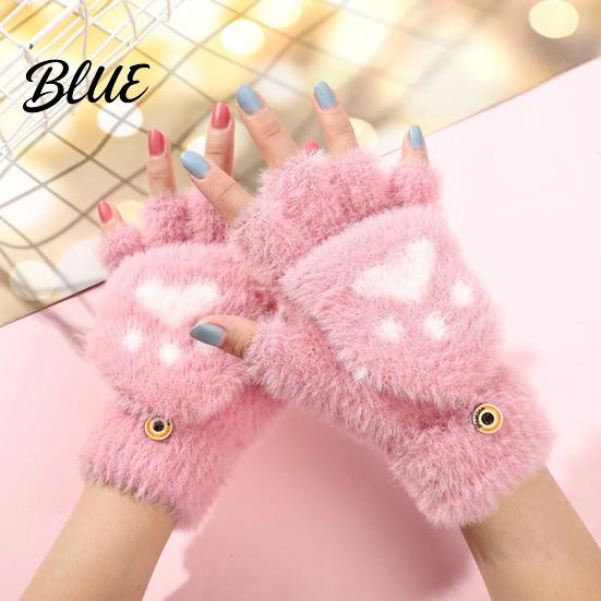 Fingerless Gloves with Flap Cover Furry Cat Paw Thermal Gloves Flip Top Mitten Button for Women Winter Cozy Outdoor Cold Weather Plush Half
