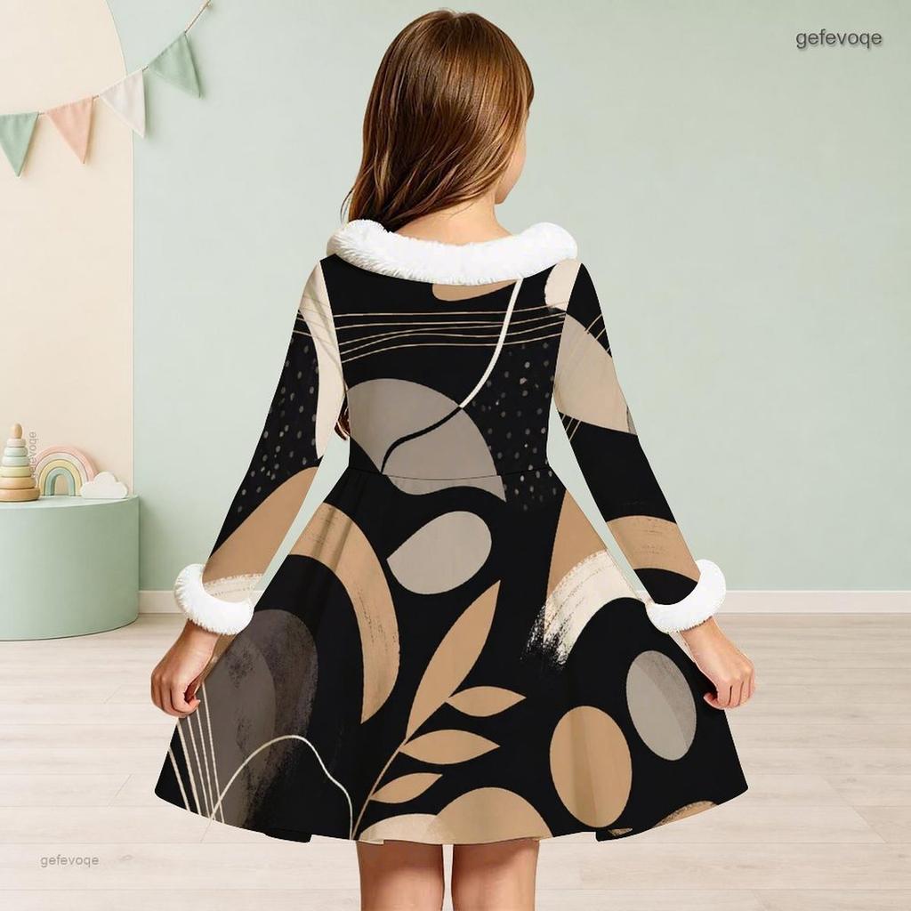 Girls Long Sleeve Faux Fur Collar Abstract Printed A Line Flared Dress With Waist Bow