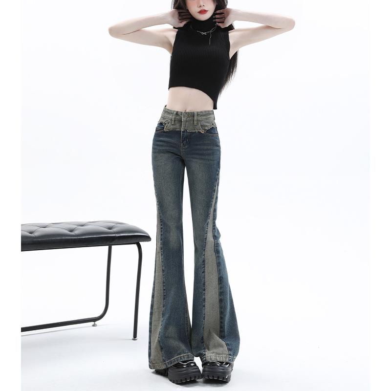 American Retro Splicing Micro-pull Jeans Women's Summer Wear New Design Sense Niche High-waisted Thin High-street Horseshoe Pants