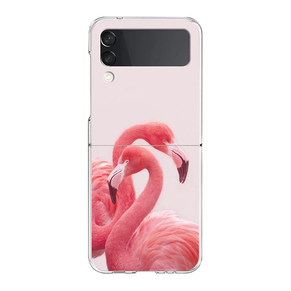 Phone Case For Samsung Galaxy Z Flip 3 4 5 Hard Folding Clear PC Bumper Lovely Pink Flamingos Leaf For Samsung Z Flip 6 Cover