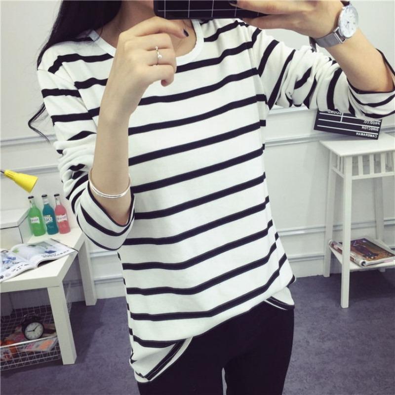 

Spring and Autumn Women s Round Neck Striped Long Sleeved T-shirt M белый