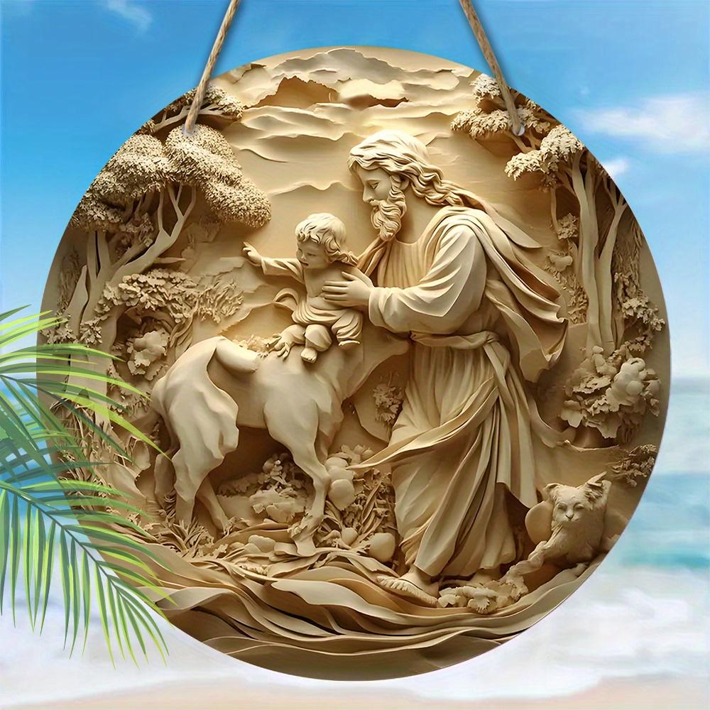 1 Stück Holzschild mit der Krippe von Jesus – 2D-Reliefeffekt, runder Wandbehang für Kirche und Heimdekoration, perfekte Weihnachtsdekoration, Weihnachtsdeko