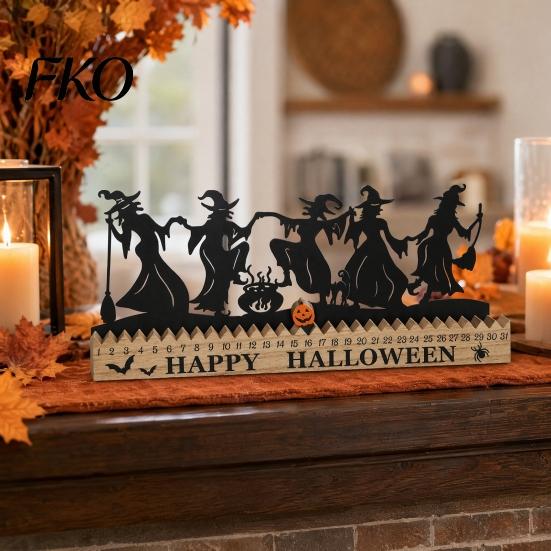 Rustic Wooden Table Decor Halloween Dancing Witch Countdown Ornament, Home Classic Retro for Office Party Centerpiece, Spooky Haunted House