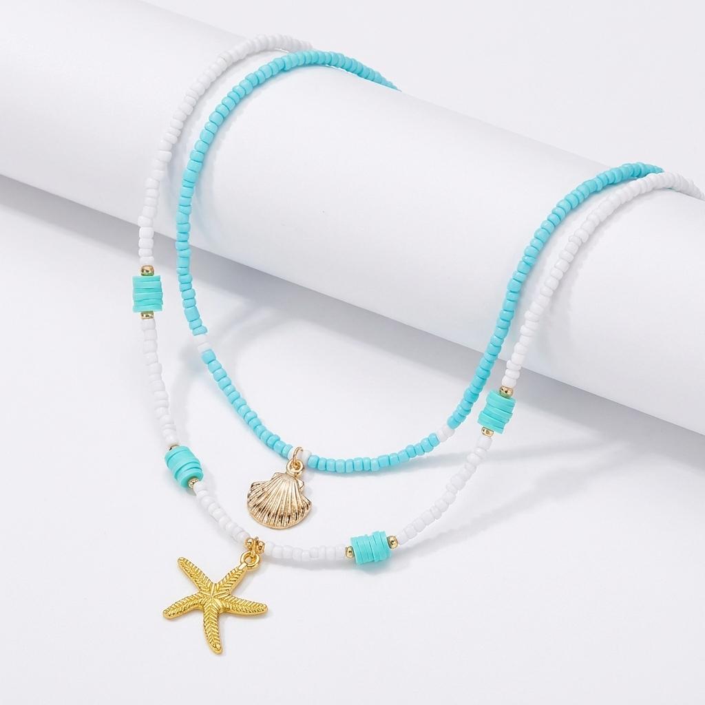 Starfish Shell Beaded Double Layer Pendant Necklace Bohemian Style Beach Vacation Accessory Women's Versatile Necklace