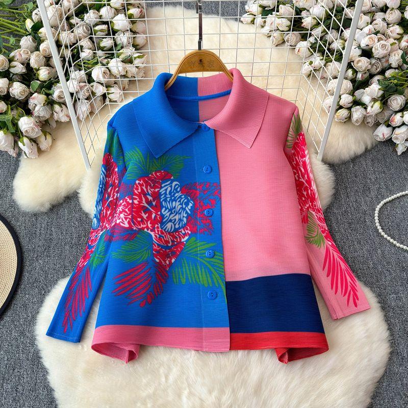 

Sanzhai Cardigan 2024 Spring/Summer Ruched Outwear All-Matching Fashion Print Loose Slim Looking Lightweight Sun-Protective Clothing Female Fashion Blue and Pink All yards