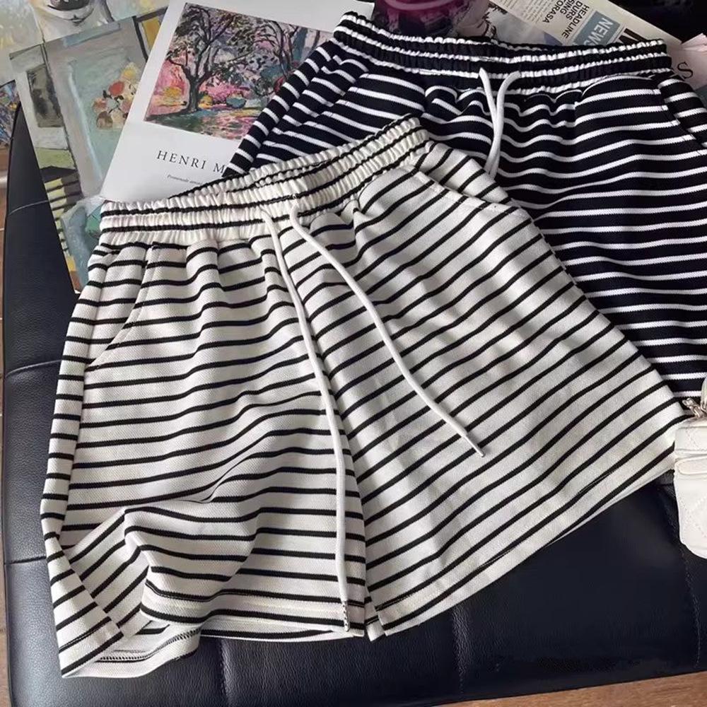 

Korean Style High Waist Striped Women s Summer Sports Shorts - Casual Loose Wide Leg Mid-Length Hot Pants XL абрикосовый