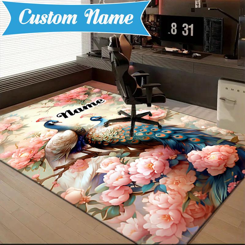 Custom Name Peacock Flowers Romance Rug Game Carpet, Floor Mat for Bedroom Living Room Entryway Rug, Home Decor Idea Gift for Christmas Birthday