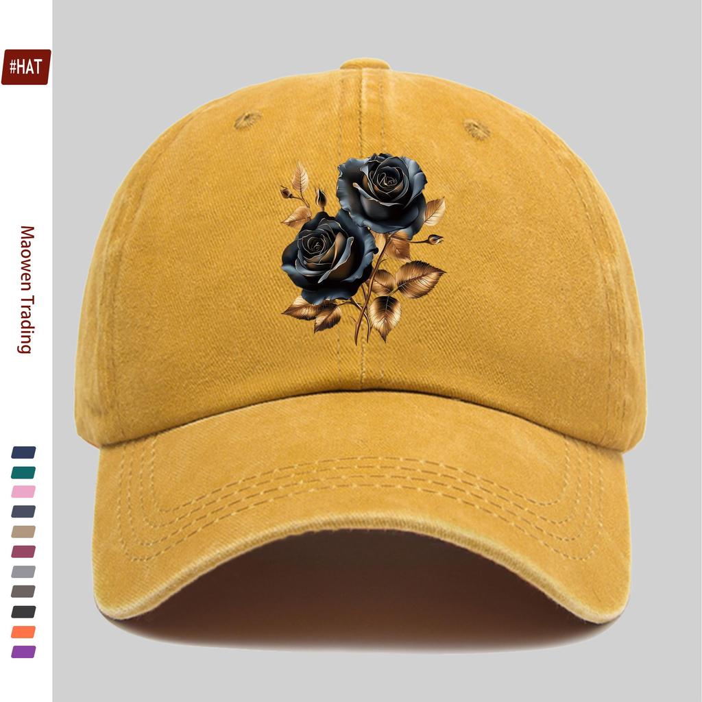 pc Baseball Cap with Black and Golden Rose Print Suitable for Spring and Summer Comfortable and Lightweight Decorative Hat A