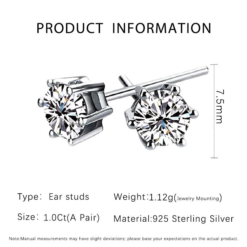 Fashionable Moissanite Six-Claw Stud Earrings for Women, Gold-Plated 925 Sterling Silver 925 Sterling Silver