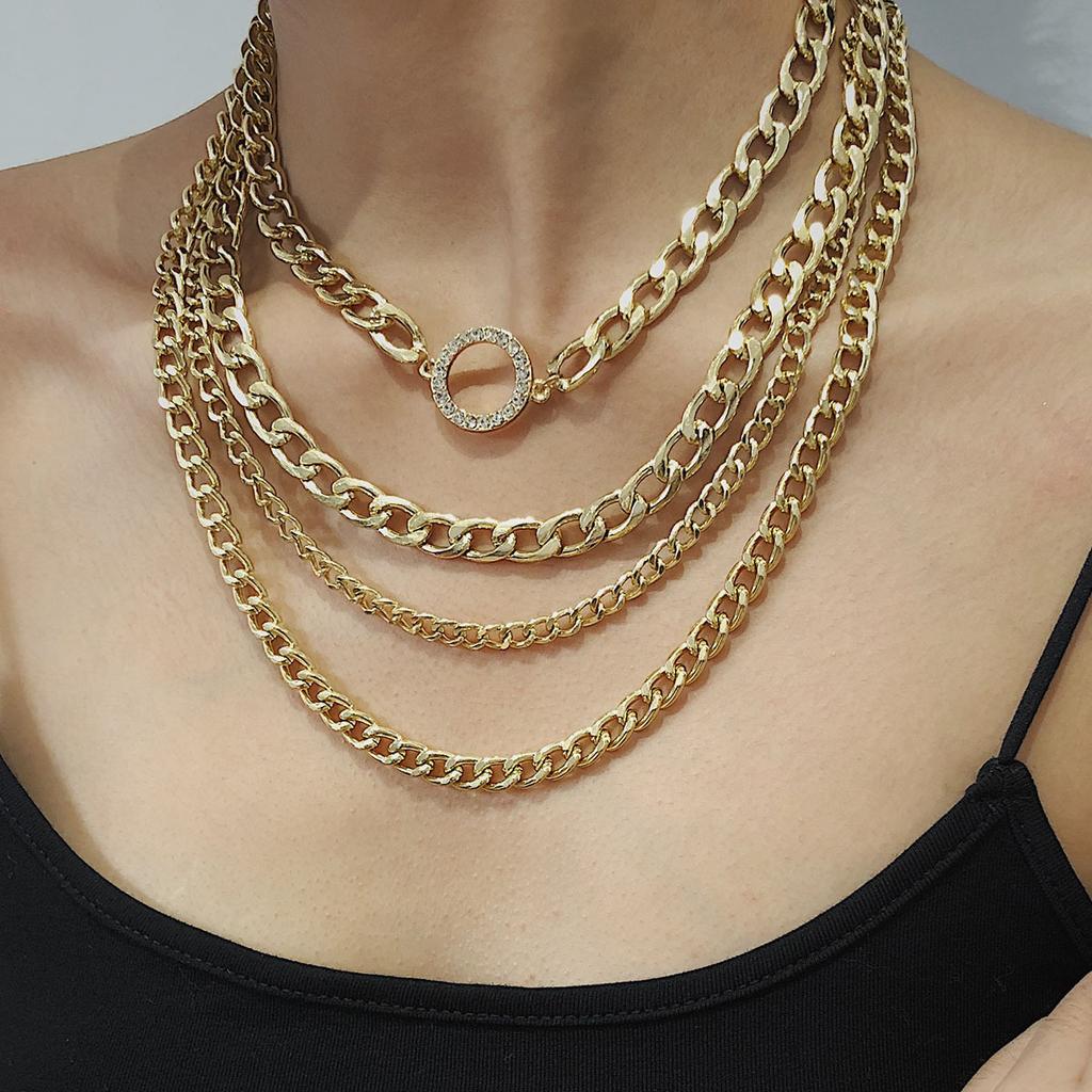 Exaggerated Punk Trend Multi-Layer Necklace, Fashionable Diamond-Encrusted Circle Thick Chain Necklace Women