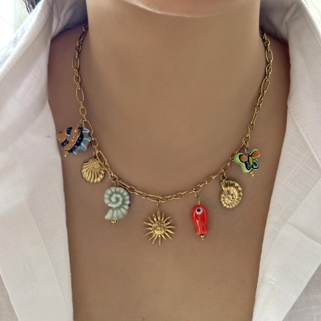 Fashion Stainless Steel Metal Conch Necklaces for Women Cute Shell Tassel Ceramic Fish Necklaces Party Daily Jewelry Gifts