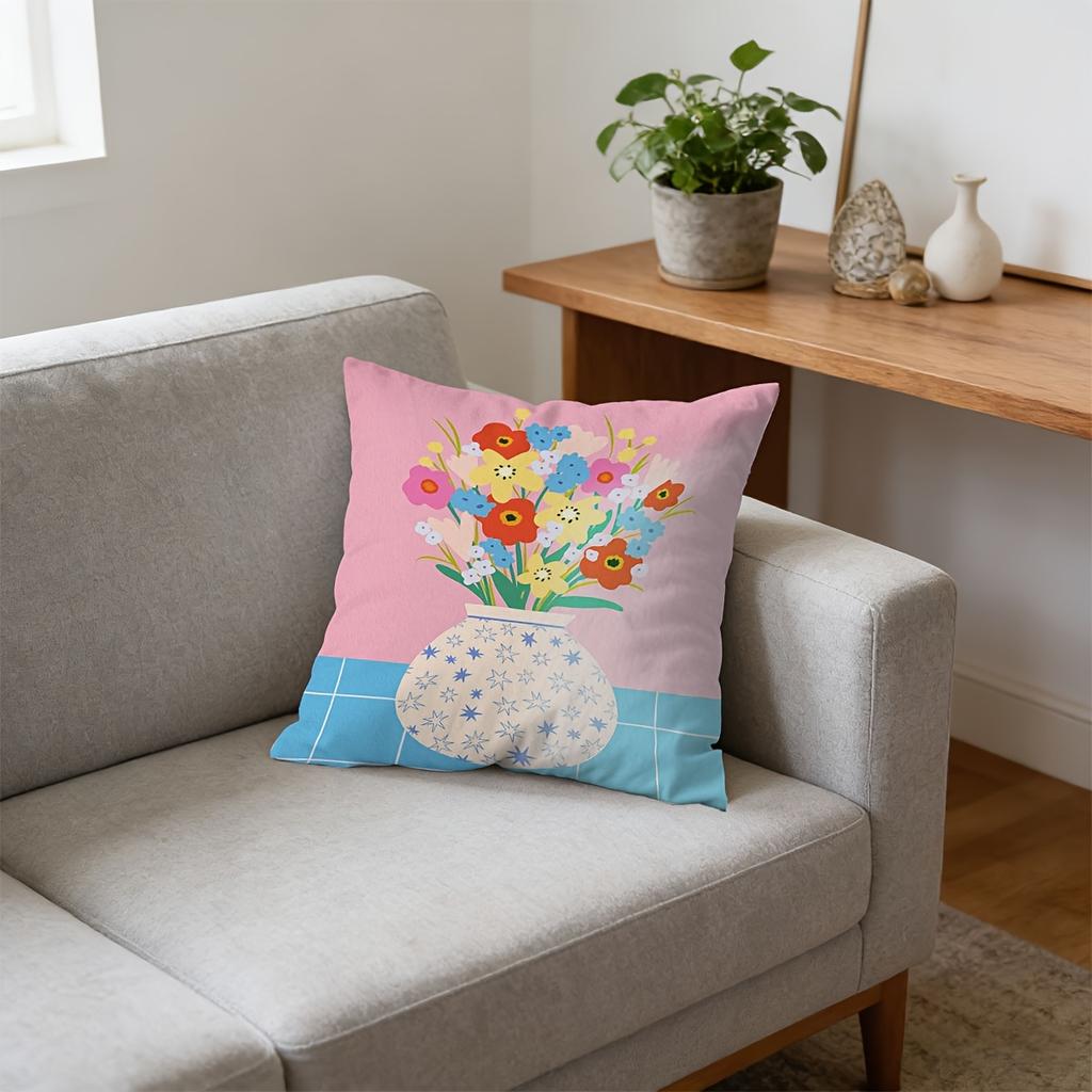 Double Sided Boho Colorful Flower Vase Pillow Cover Cute Floral Bouquet Print Soft Throw Pillow Case For Home Decor Gift