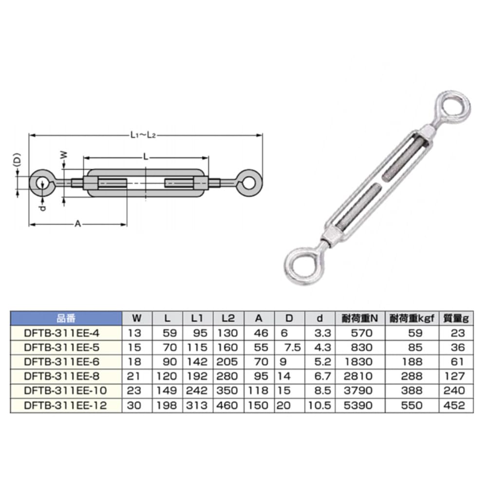 Sugatsune Kogyo diffuL Turnbuckle, Double Eye, Stainless Steel, Overall Length 242-350mm, Load Capacity 3790N (388kgf), DFTB-311EE-10