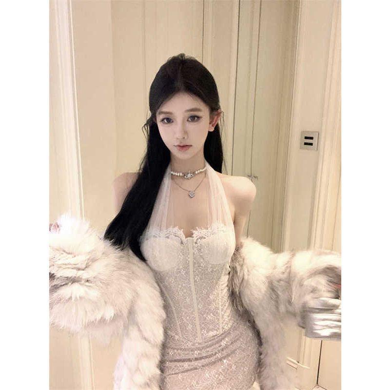 Socialite Style Halter-neck Spaghetti Strap Dress for Women, New Autumn Fitted Slimming Layered Sexy Girl Pencil Skirt