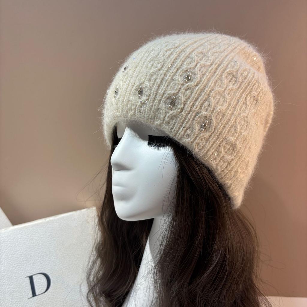 Women Winter Knit Beanie Hat Hand Sewn Pearl Rhinestone Shimmer Soft High Stretch Warm Full Head Cover Hair Loss Concealer Knitted Cap Korean Style