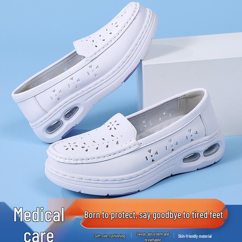 Summer Non-Slip Leather Nurse Shoes: Double Air Cushion, Thick Soft Sole, Breathable, Comfortable for Medical Work