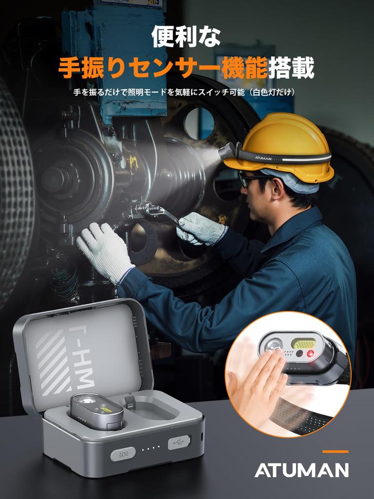 ATUMAN MH1 Headlamp with 6600mAh Charging Multifunctional Headlamp with Rechargeable 800 8 Lighting Red White SOS Angle Hand Motion 8 Hours of