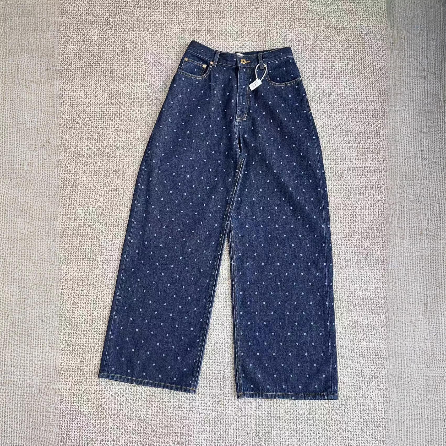 IM2026 Women s High-Waisted Retro Polka Dot Leather Bag Jeans - Slimming, Versatile Wide-Leg Long Pants Small синий