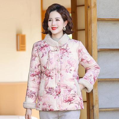 Women's Floral Cotton-Padded Jacket: Warm, Velvet-Lined, Chinese-Style Winter Coat for Middle-Aged & Elderly