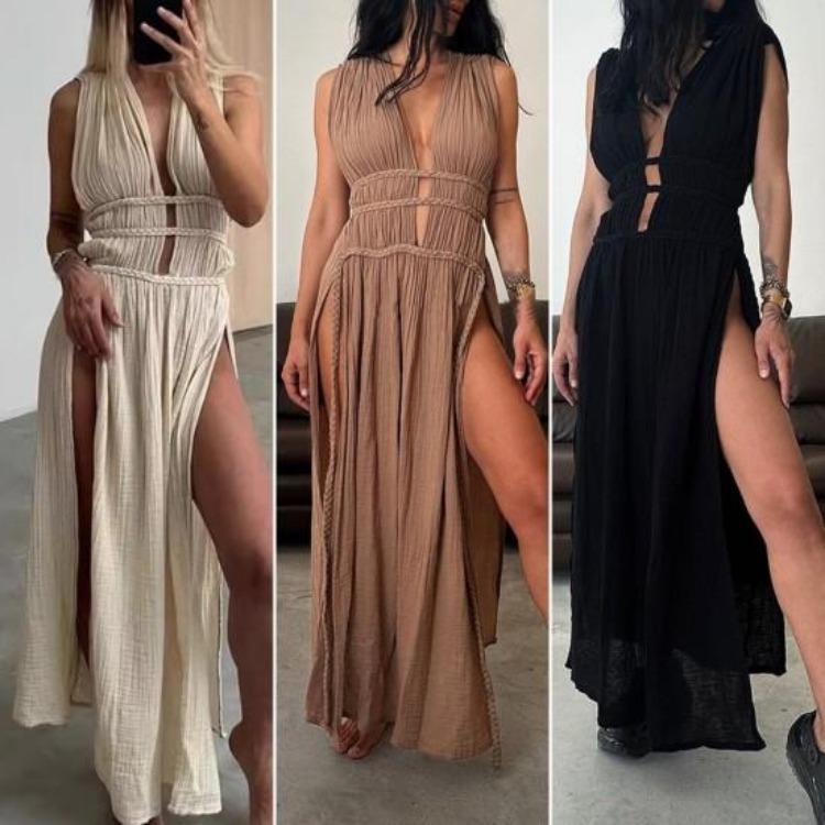 Vacation Beach Summer Maxi Dress Bohemian Style Deep V Neck Sleeveless Hollow Out Pleated Split Lace-up Belted Waist Long Dress