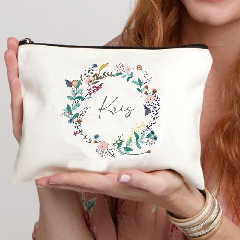 Garland Personalized Name Canvas Cosmetic Bag Travel Zipper Storage Toiletry Bags Retro Pencil Case Teacher Bride Gift Customize