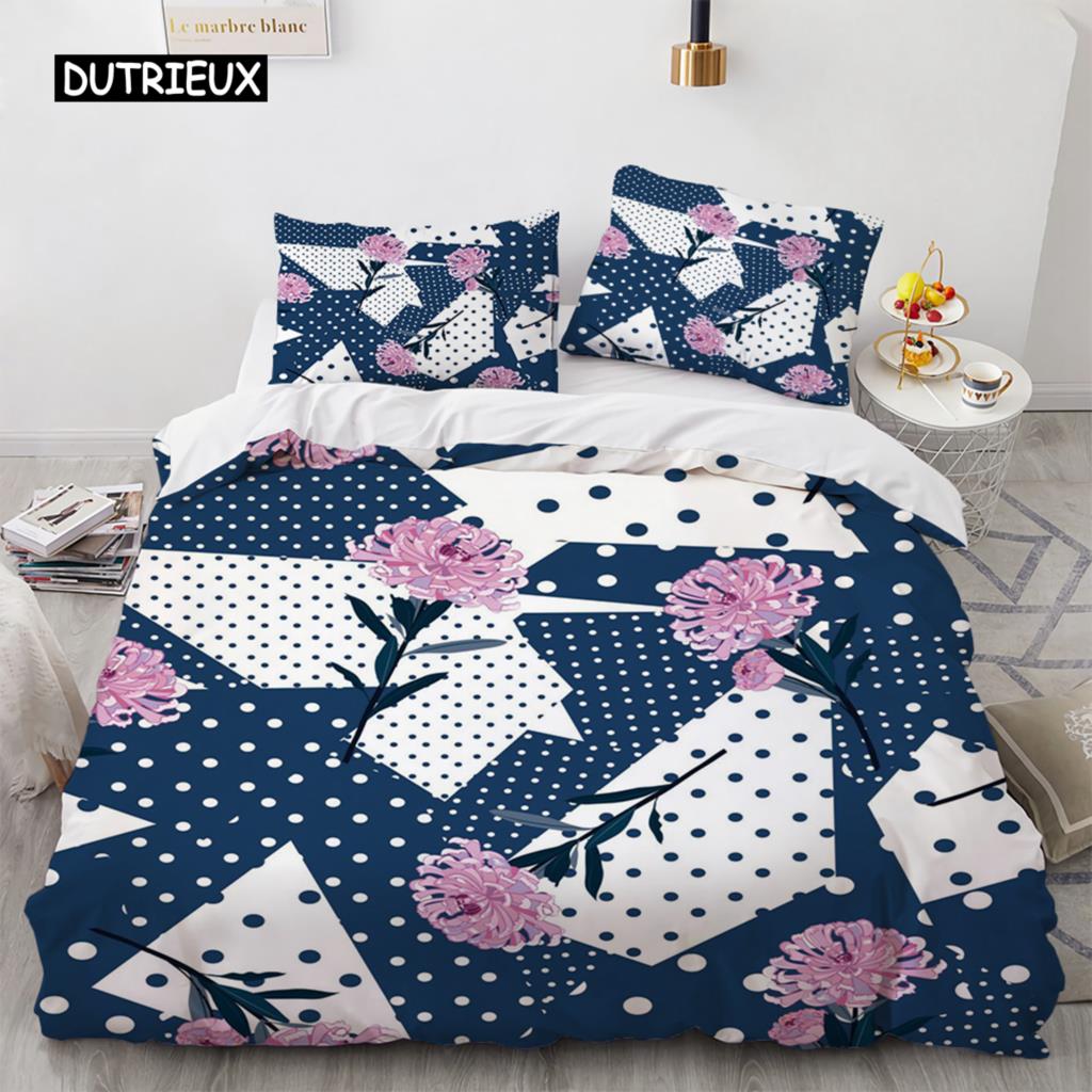 Geometric Flowers King Queen Duvet Cover Abstract Floral Bedding Set Colorful Modern Art Polyester Quilt Cover