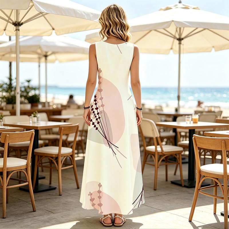 Women's Beach Maxi Dress Loose Sleeveless,Lightweight Breathable Simple Floral,Stylish Elegant Outfit for Daily Casual & Beach Vacation