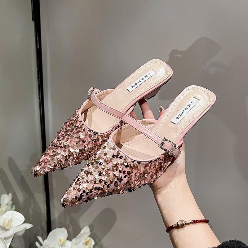 High Heels Women's Summer New Bag Head Sequins Pointed One-word Buckle Sandals Thick Heel Outer Slippers