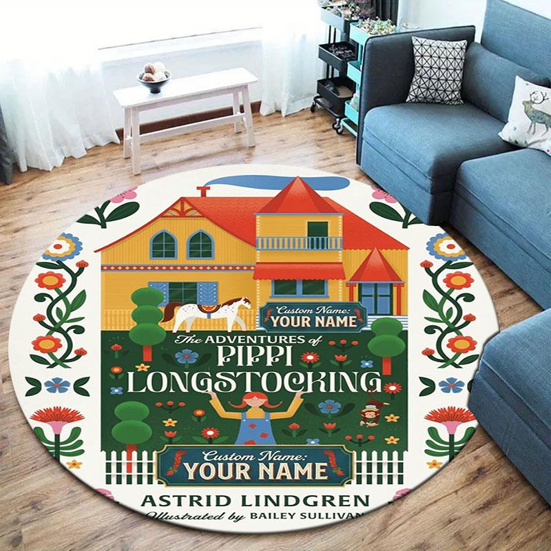 Pippi Langstrumpf Benutzerdefinierter Name Runder Teppich, Teppich für Wohnzimmer Schlafzimmer Sofa Spielzimmer Dekor, Rutschfeste Bodenmatte